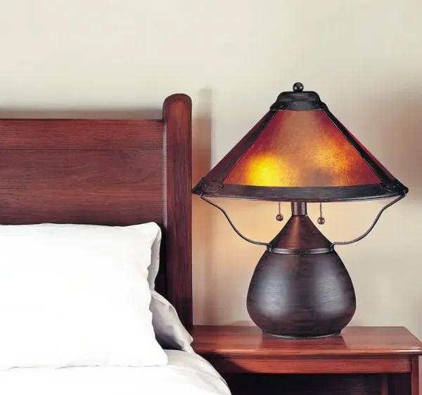 Metal Two Light Round Table Lamp With Amber Empire Shade - Rust