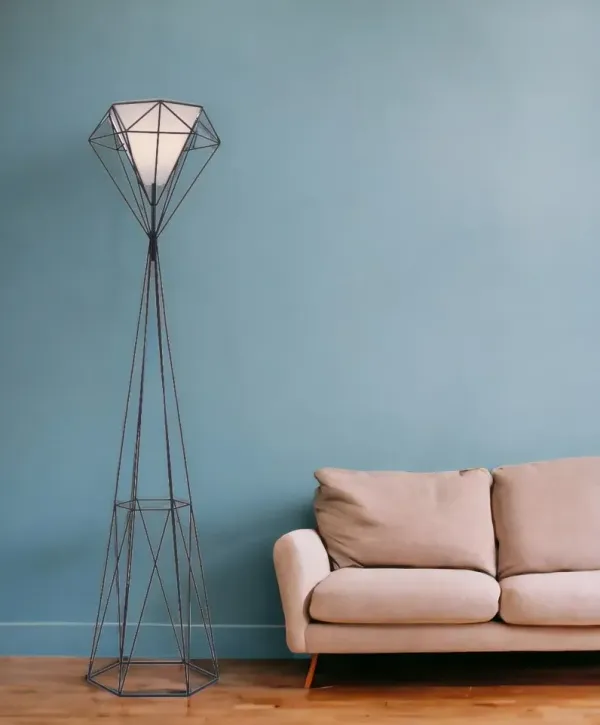 Geometric Floor Lamp With White Frosted Glass Hexagon Shade - Black