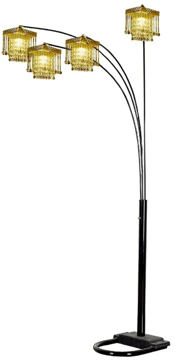 Four Light Arc Floor Lamp With Clear Crystal Glass Chandelier Shade - Black