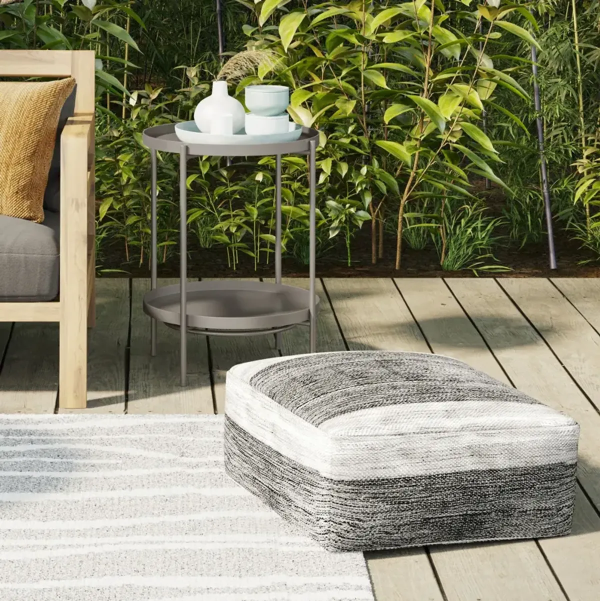 Mathis - Square Woven Outdoor / Indoor Pouf - Gray / White