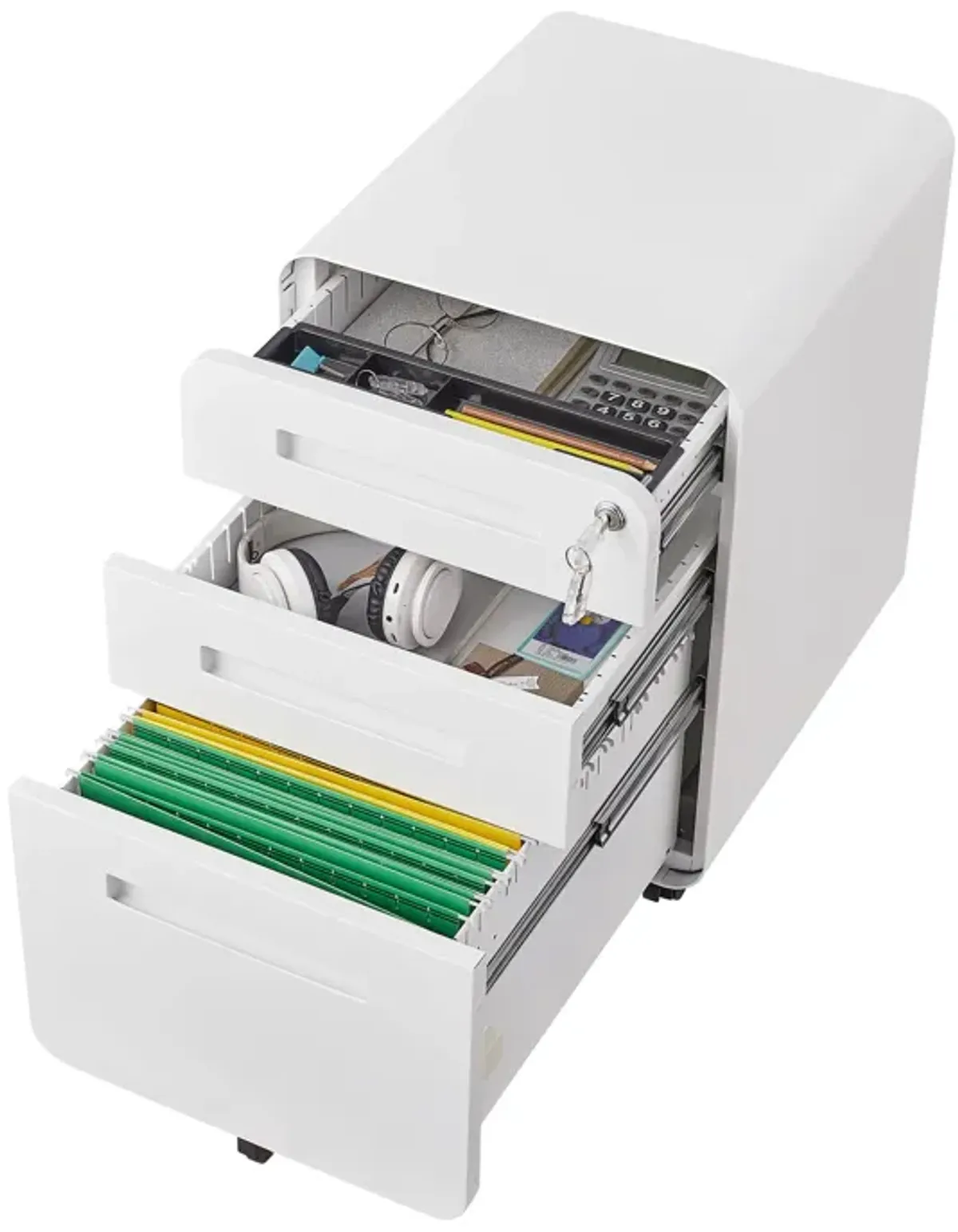 3 Drawer Mobile File Cabinet Under Desk Office, Simple Style Versatile Storage Cabinet For Legal / Letter / A4 Files, 5 Wheel Design Anti-Tilting Cold Rolled Steel Waterproof Moisture-Proof