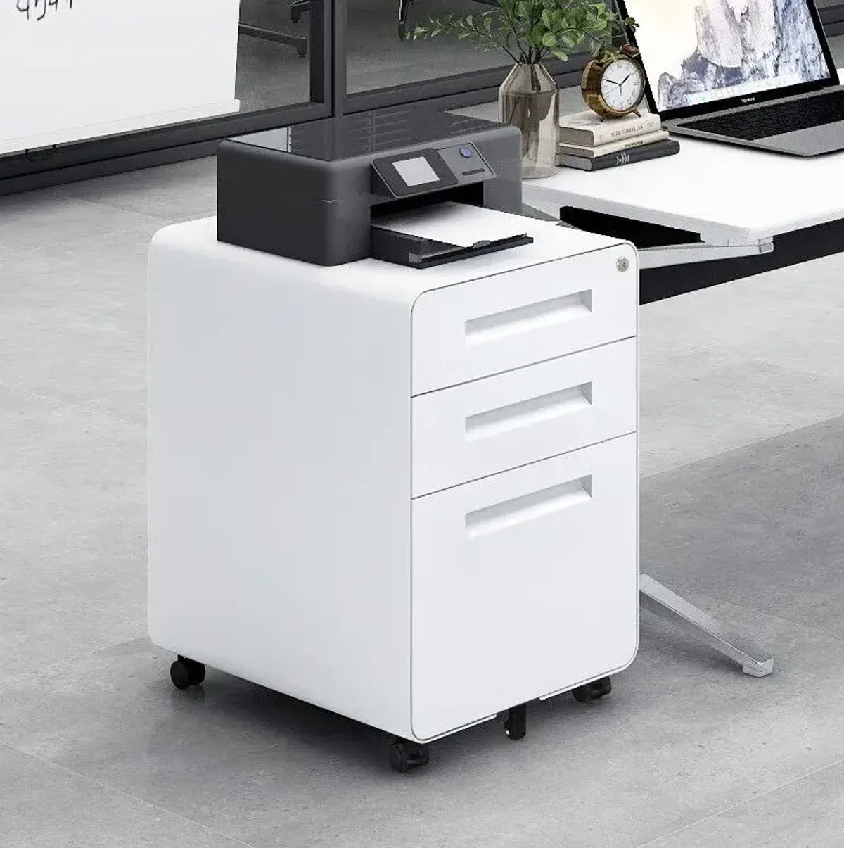 3 Drawer Mobile File Cabinet Under Desk Office, Simple Style Versatile Storage Cabinet For Legal / Letter / A4 Files, 5 Wheel Design Anti-Tilting Cold Rolled Steel Waterproof Moisture-Proof