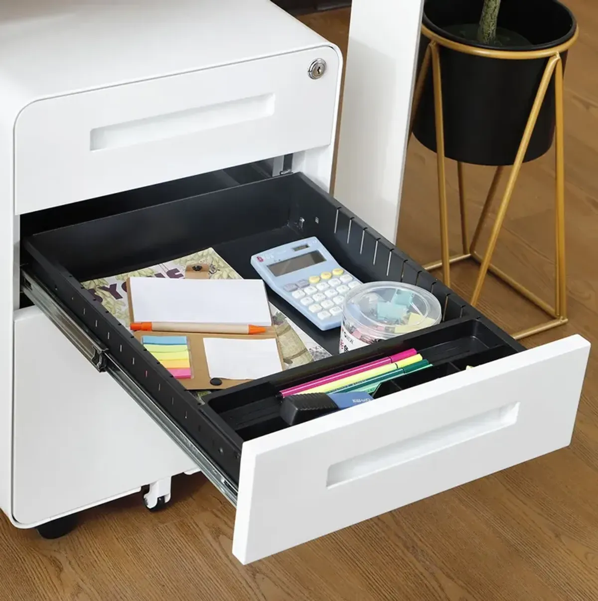 3 Drawer Mobile File Cabinet Under Desk Office, Simple Style Versatile Storage Cabinet For Legal / Letter / A4 Files, 5 Wheel Design Anti-Tilting Cold Rolled Steel Waterproof Moisture-Proof