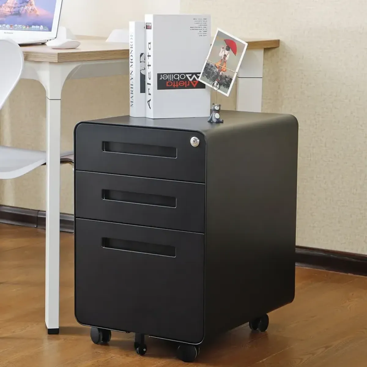 3 Drawer Mobile File Cabinet Under Desk Office, Simple Style Versatile Storage Cabinet For Legal / Letter / A4 Files, 5 Wheel Design Anti-Tilting Cold Rolled Steel Waterproof Moisture-Proof