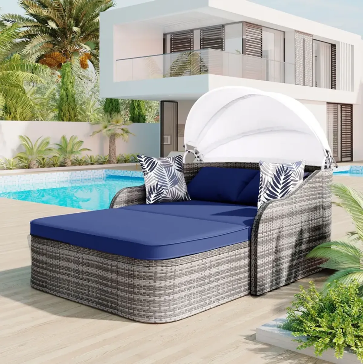 Outdoor Sunbed With Adjustable Canopy, Daybed With Pillows, Double Lounge, PE Rattan Daybed