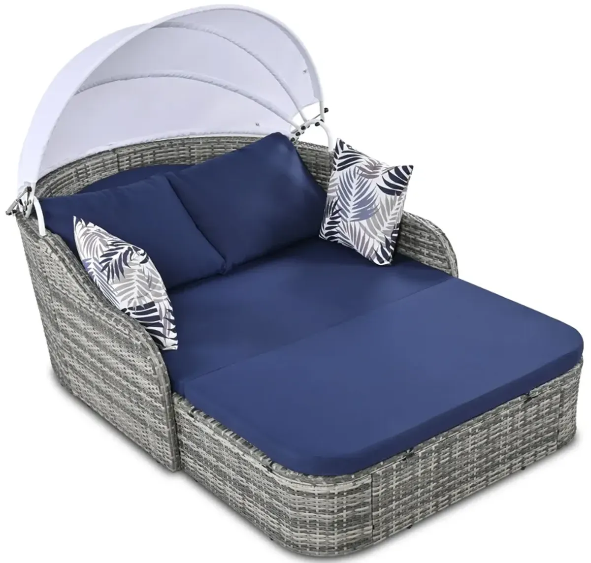 Outdoor Sunbed With Adjustable Canopy, Daybed With Pillows, Double Lounge, PE Rattan Daybed