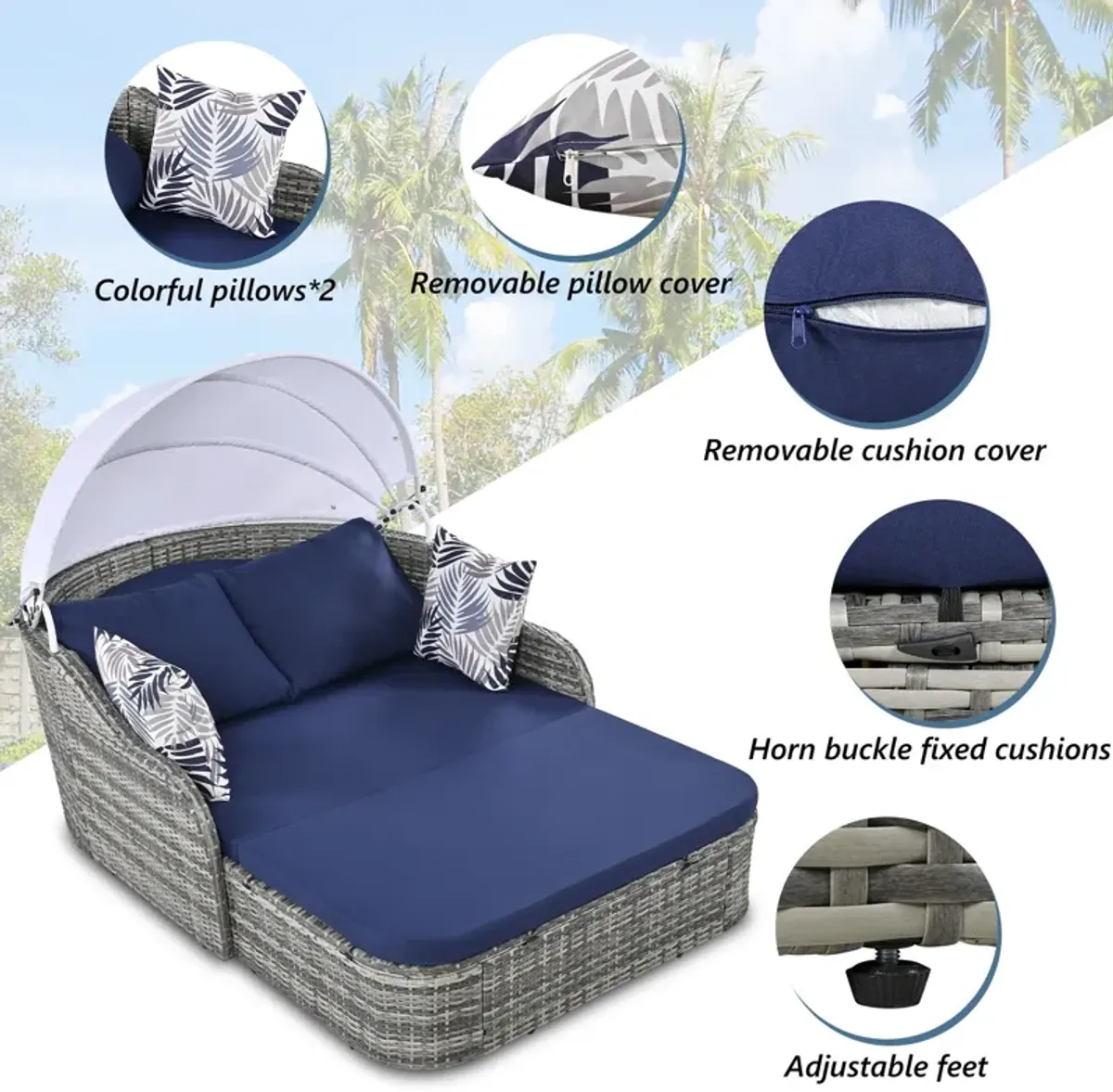 Outdoor Sunbed With Adjustable Canopy, Daybed With Pillows, Double Lounge, PE Rattan Daybed