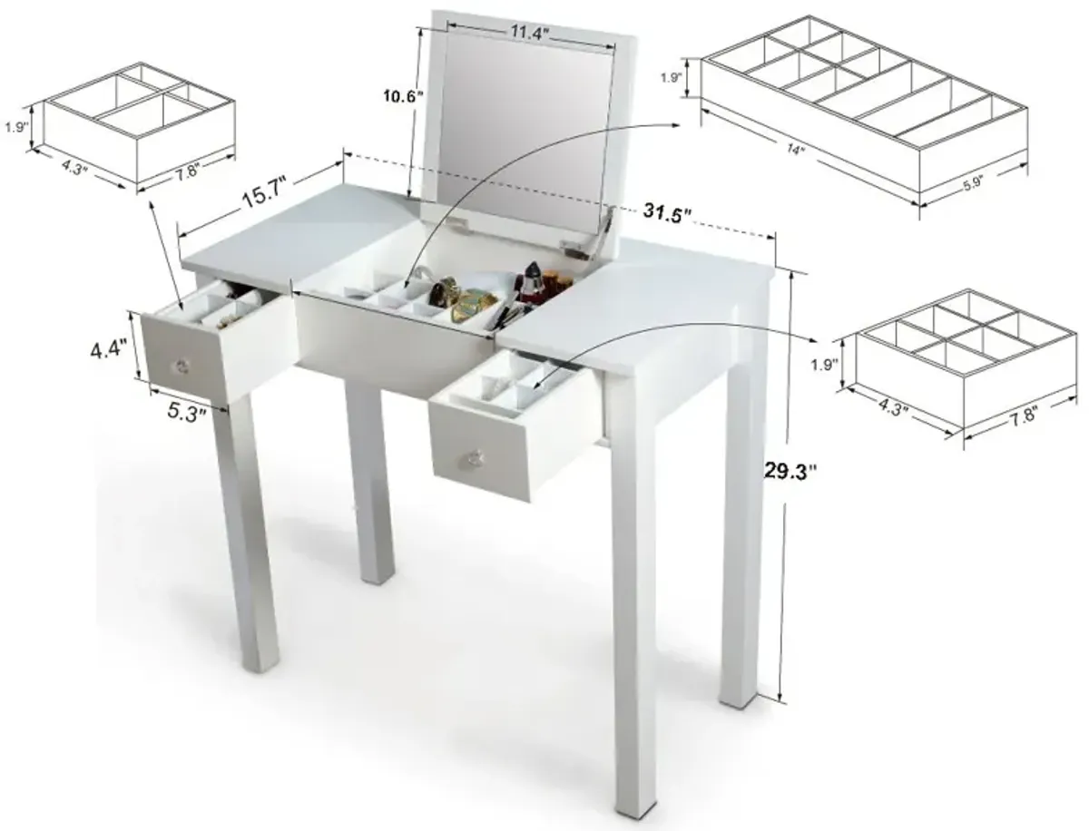 Accent Vanity Table With Flip-Top Mirror And 2 Drawers, Jewelry Storage For Women Dressing - White