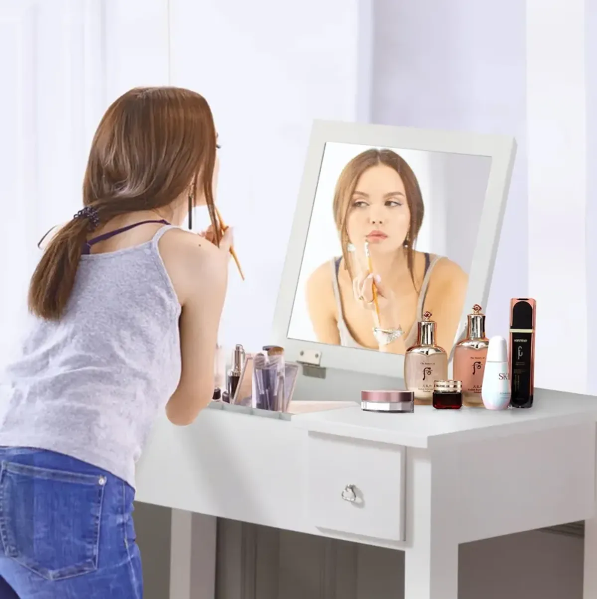 Accent Vanity Table With Flip-Top Mirror And 2 Drawers, Jewelry Storage For Women Dressing - White