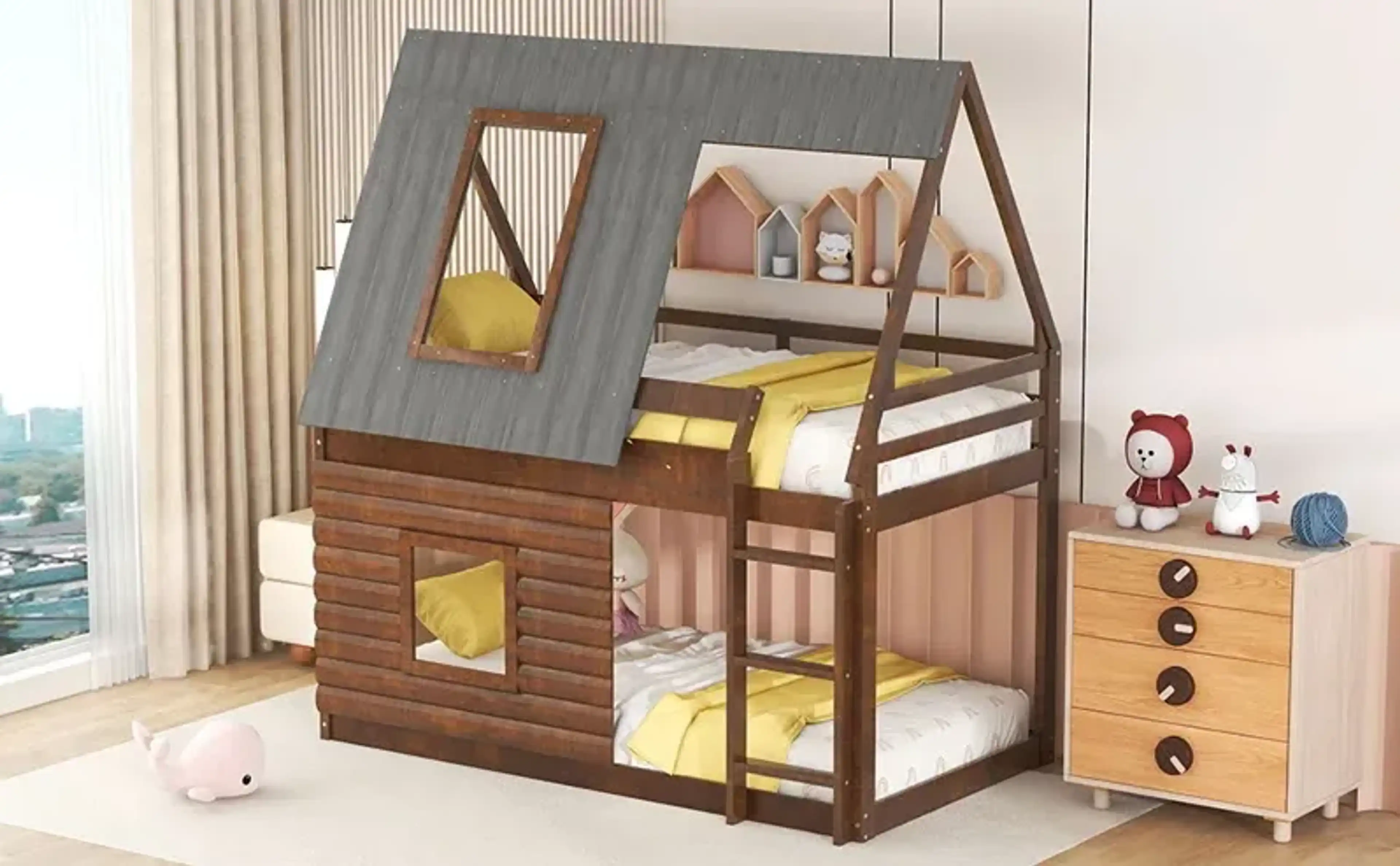 Wood Twin Size House Bunk Bed With Roof Ladder And 2 Windows Oak And ...