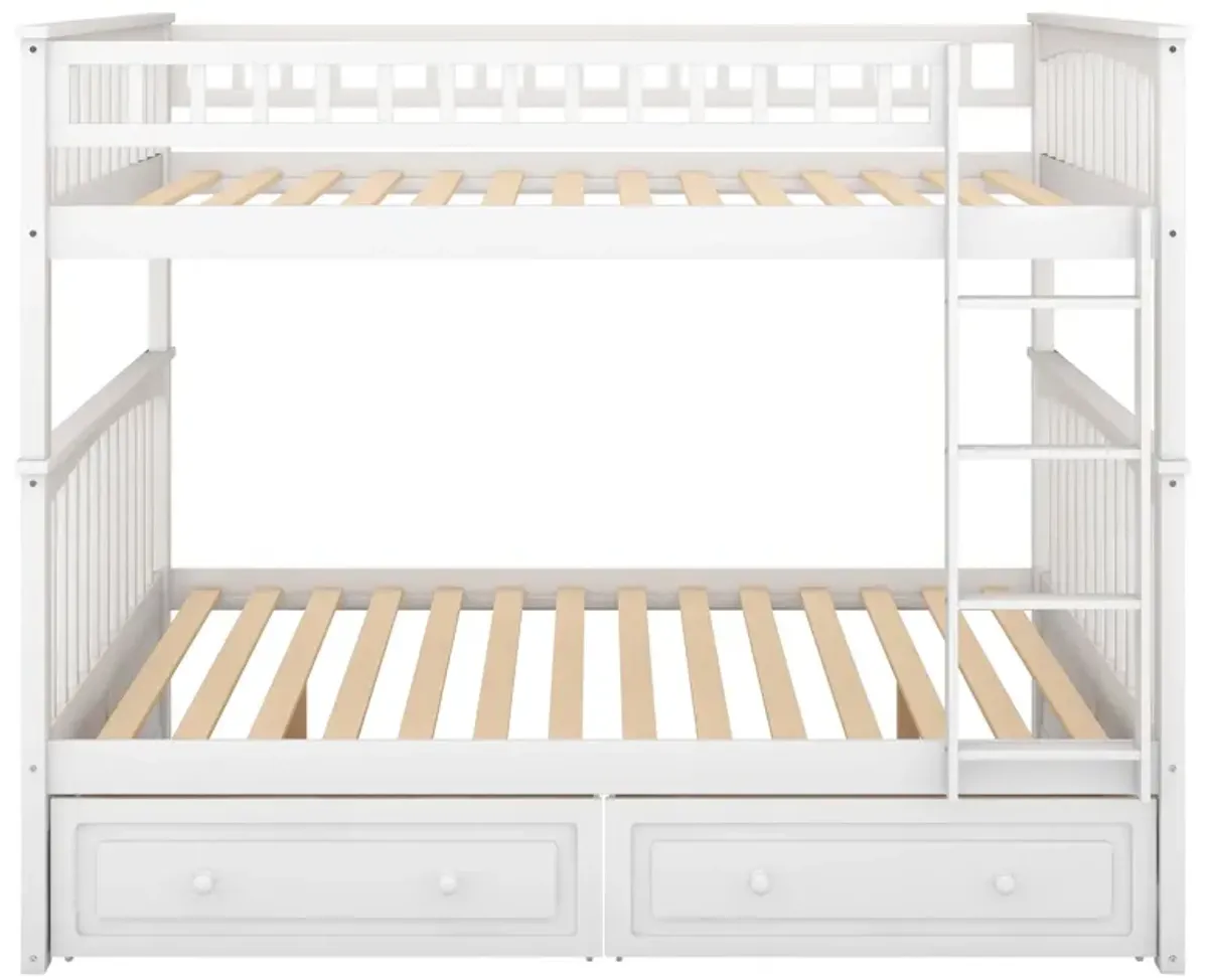 Full Over Full Bunk Bed With Drawers, Convertible Beds - White