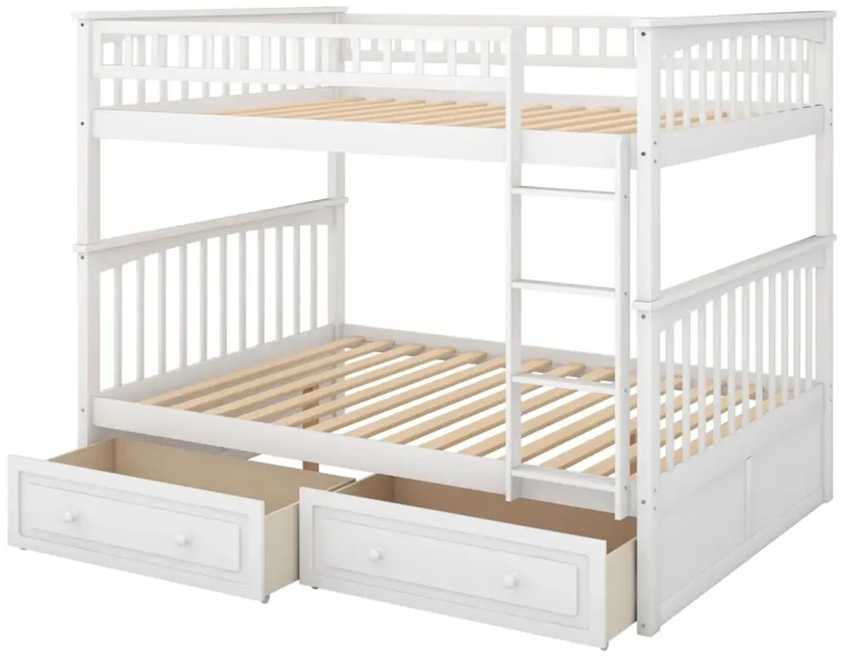 Full Over Full Bunk Bed With Drawers, Convertible Beds - White