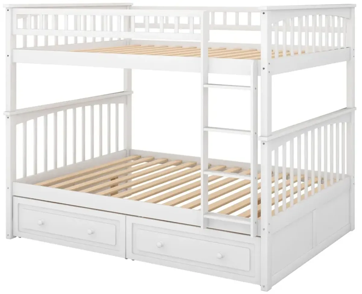 Full Over Full Bunk Bed With Drawers, Convertible Beds - White