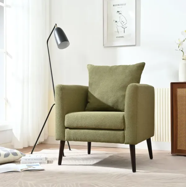 Barrel Chair, Modern Accent Chair, Fabric Armchair Club Chair, Upholstered Arm Chair With Solid Wood Legs, Waist Pillow, Padded Single Chair For Living Room / Bedroom / Study / Waiting Room - Olive Green