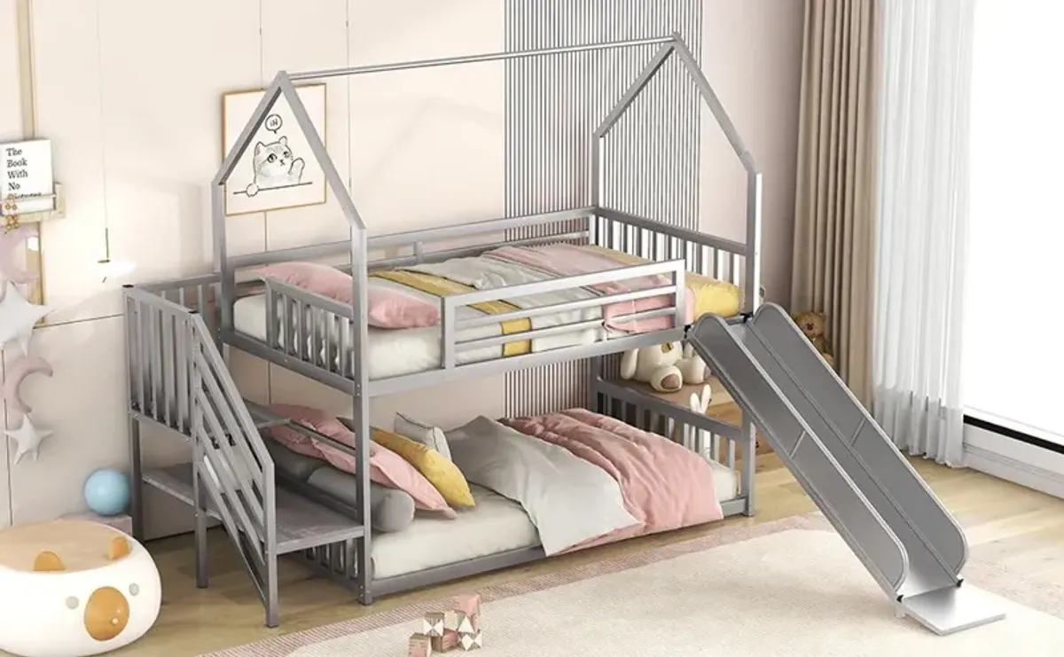 Twin Over Twin Metal Bunk Bed House Bed With Slide And Staircase