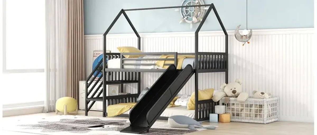 Twin Over Twin Metal Bunk Bed House Bed With Slide And Staircase