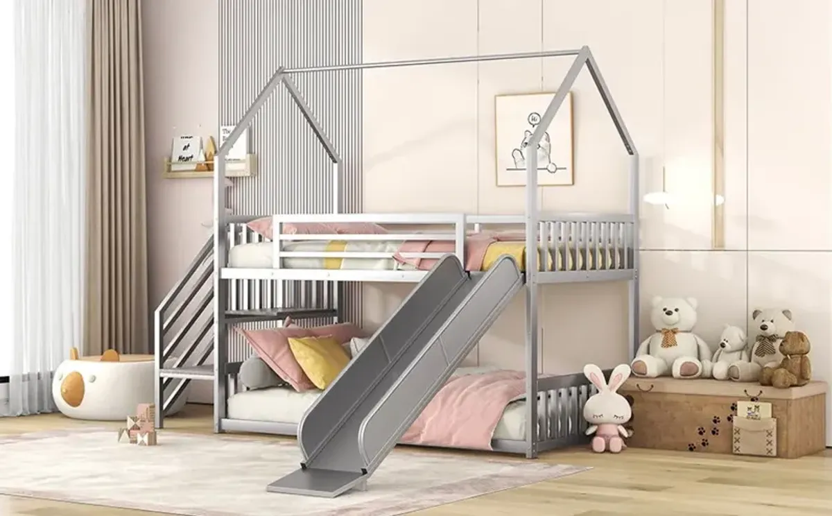 Twin Over Twin Metal Bunk Bed House Bed With Slide And Staircase