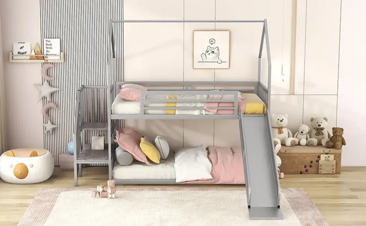 Twin Over Twin Metal Bunk Bed House Bed With Slide And Staircase