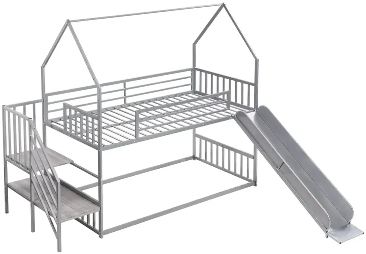 Twin Over Twin Metal Bunk Bed House Bed With Slide And Staircase