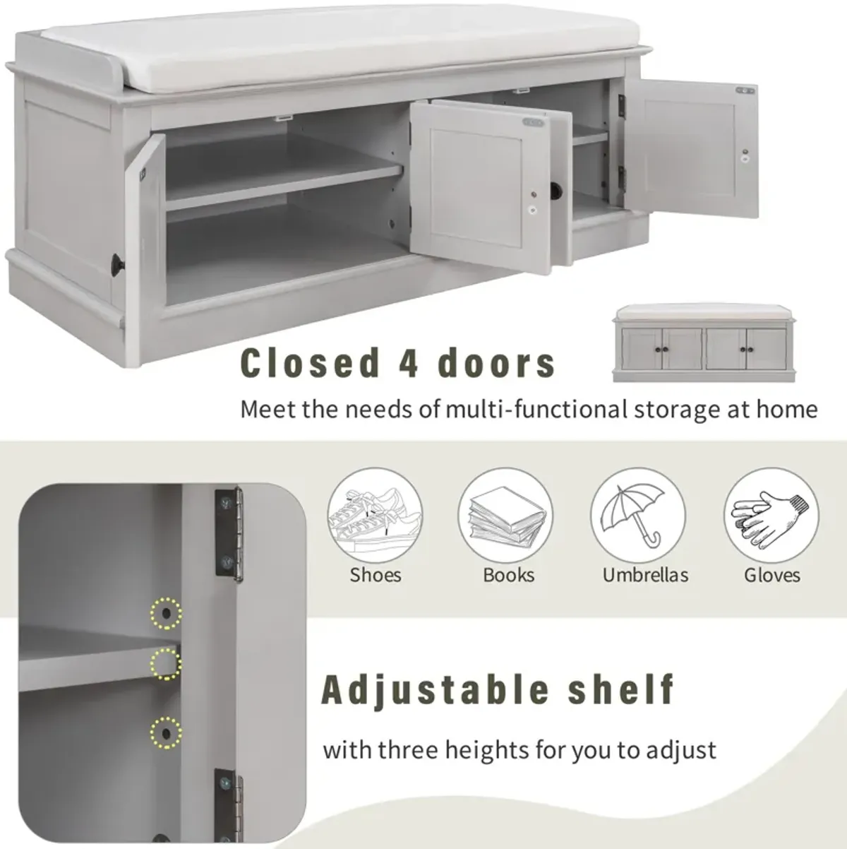 Storage Bench With 4 Doors And Adjustable Shelves, Shoe Bench With Removable Cushion For Living Room, Entryway