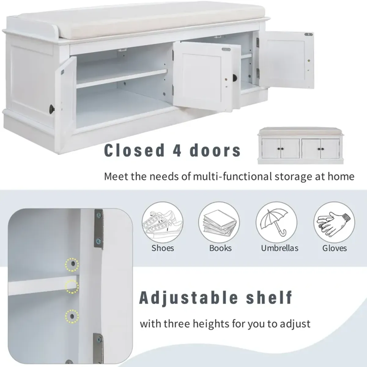 Storage Bench With 4 Doors And Adjustable Shelves, Shoe Bench With Removable Cushion For Living Room, Entryway