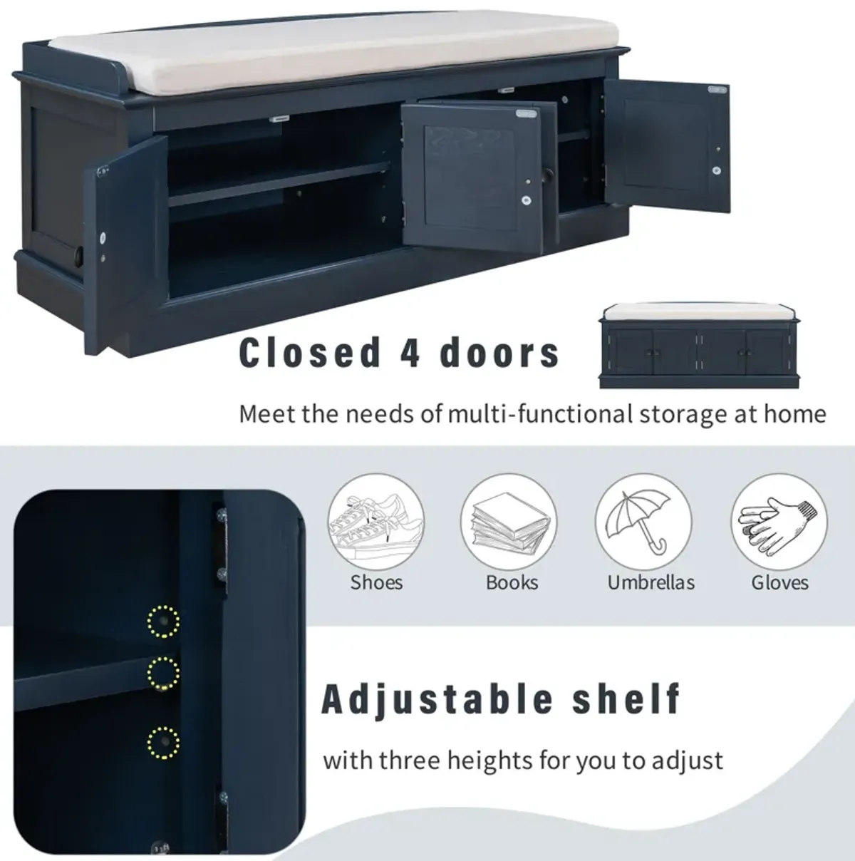 Storage Bench With 4 Doors And Adjustable Shelves, Shoe Bench With Removable Cushion For Living Room, Entryway