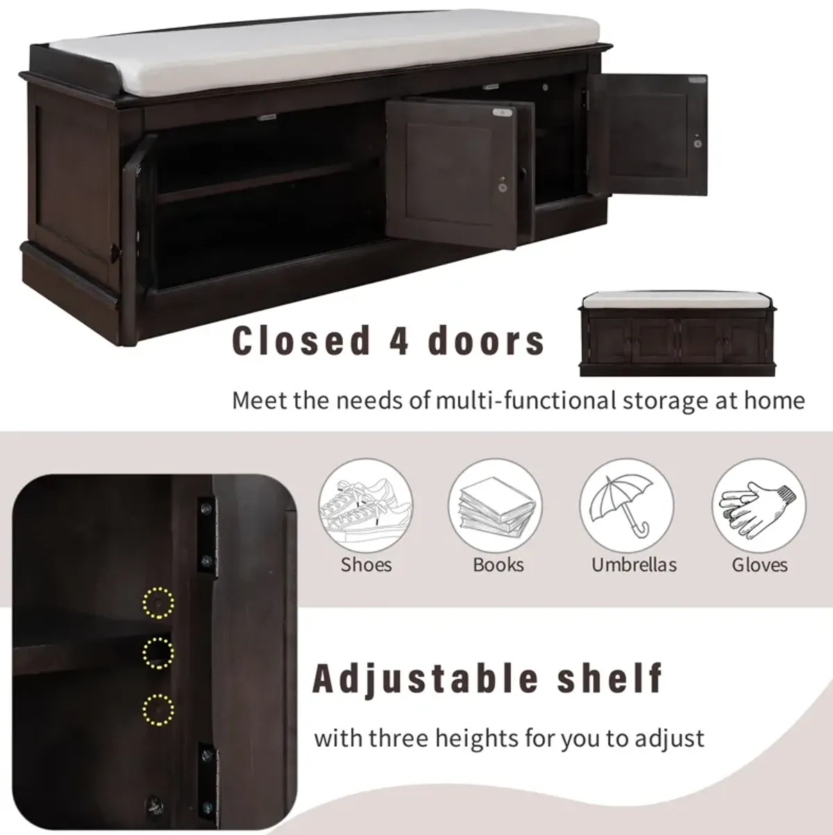 Storage Bench With 4 Doors And Adjustable Shelves, Shoe Bench With Removable Cushion For Living Room, Entryway