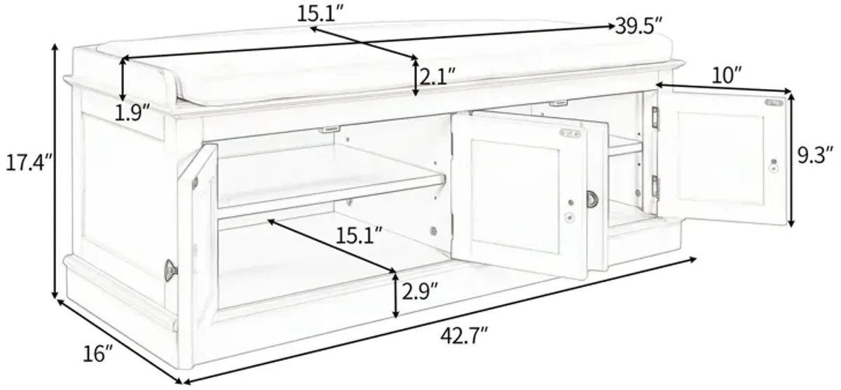 Storage Bench With 4 Doors And Adjustable Shelves, Shoe Bench With Removable Cushion For Living Room, Entryway