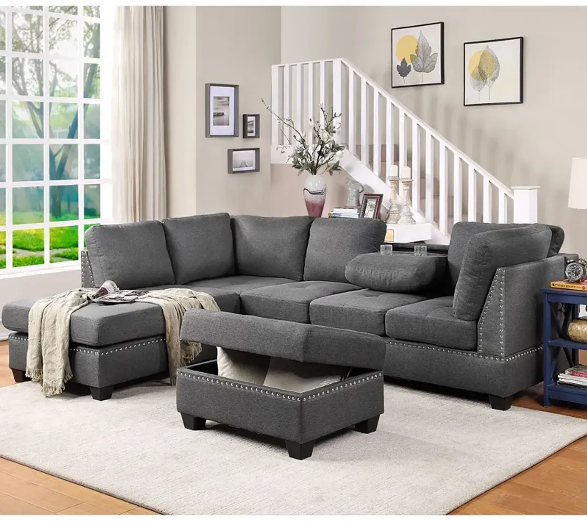 Reversible Sectional Sofa Space Saving With Storage Ottoman Rivet Ornament L-Shape Couch For Small Or Large Space Dorm Apartment