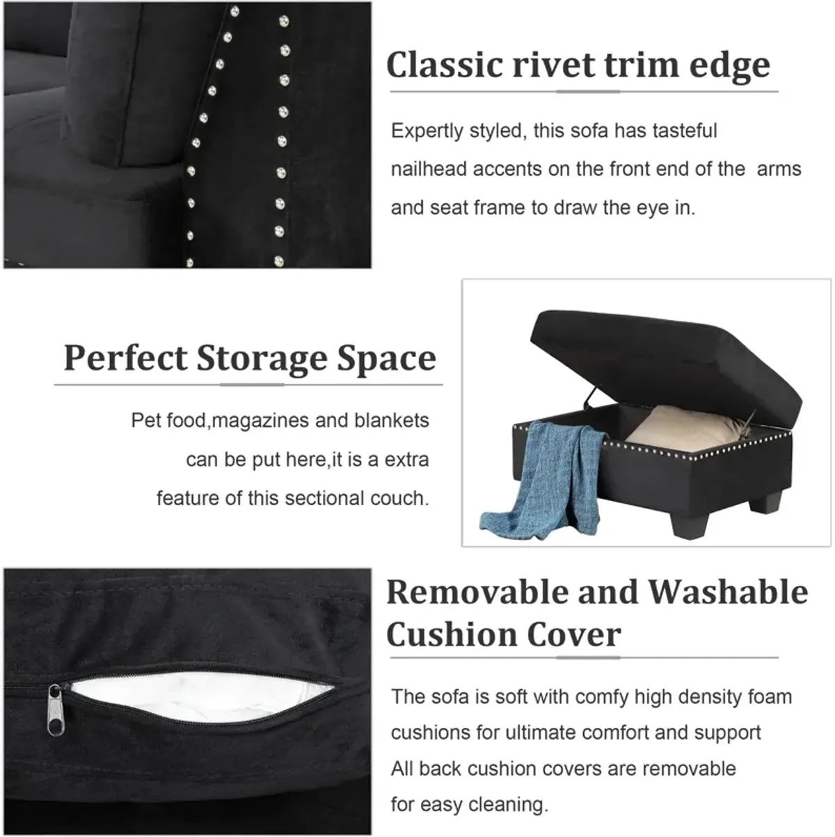 Reversible Sectional Sofa Space Saving With Storage Ottoman Rivet Ornament L-Shape Couch For Small Or Large Space Dorm Apartment