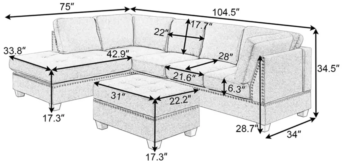Reversible Sectional Sofa Space Saving With Storage Ottoman Rivet Ornament L-Shape Couch For Small Or Large Space Dorm Apartment