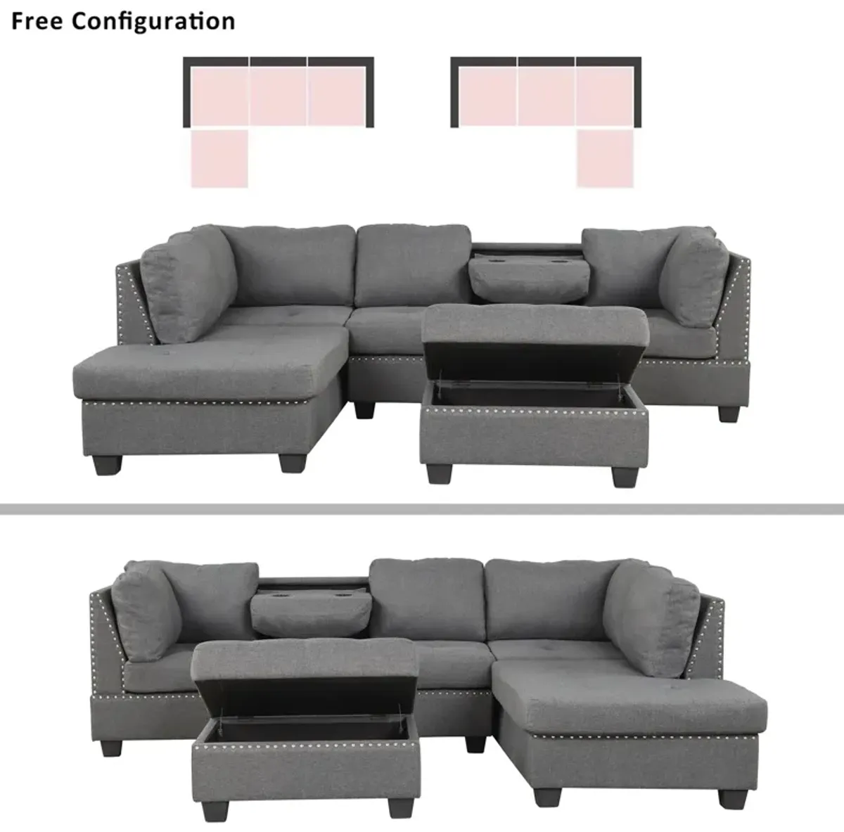 Reversible Sectional Sofa Space Saving With Storage Ottoman Rivet Ornament L-Shape Couch For Small Or Large Space Dorm Apartment