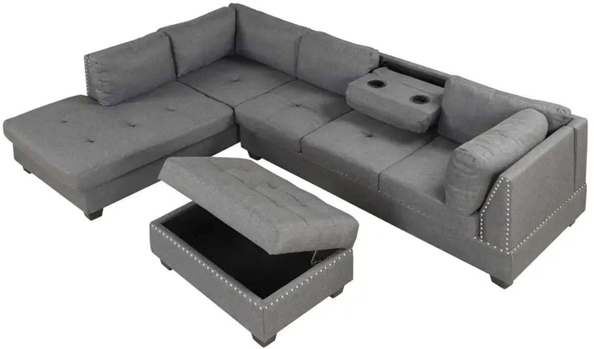 Reversible Sectional Sofa Space Saving With Storage Ottoman Rivet Ornament L-Shape Couch For Small Or Large Space Dorm Apartment