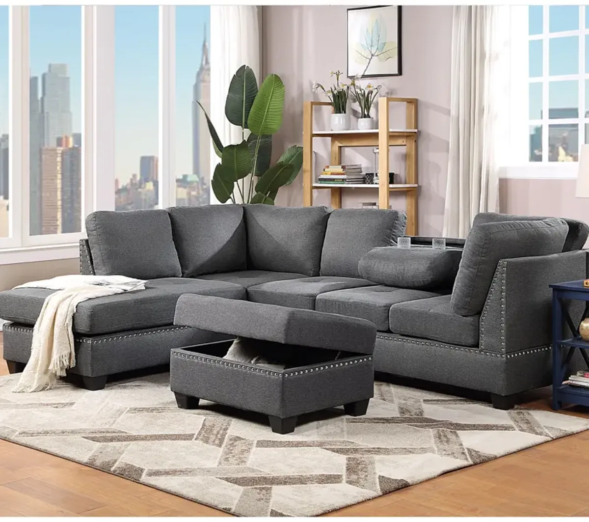 Reversible Sectional Sofa Space Saving With Storage Ottoman Rivet Ornament L-Shape Couch For Small Or Large Space Dorm Apartment