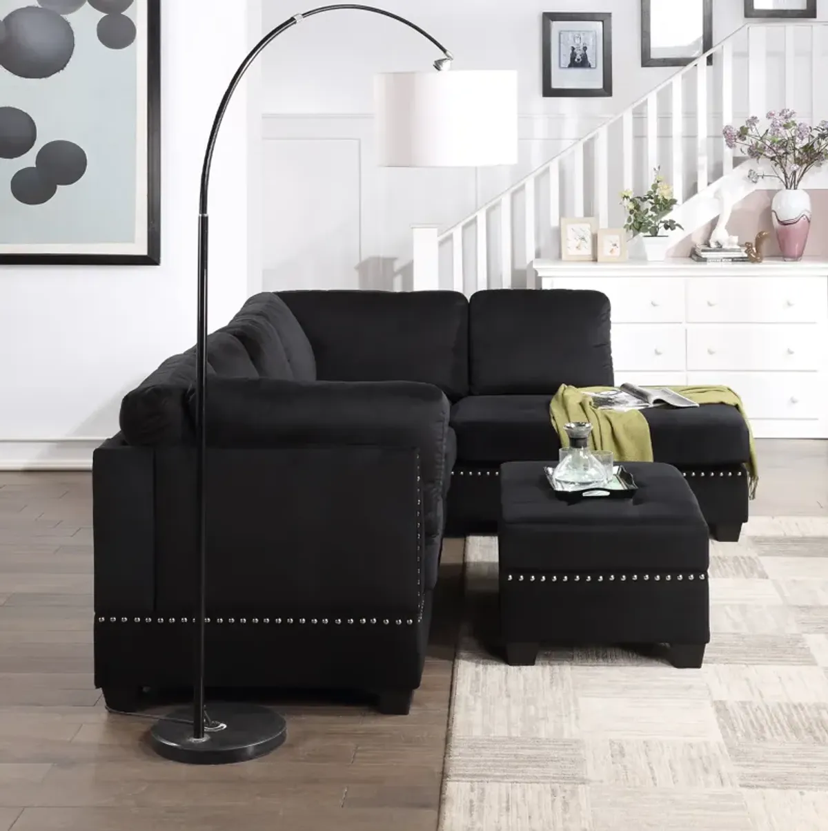 Reversible Sectional Sofa Space Saving With Storage Ottoman Rivet Ornament L-Shape Couch For Small Or Large Space Dorm Apartment