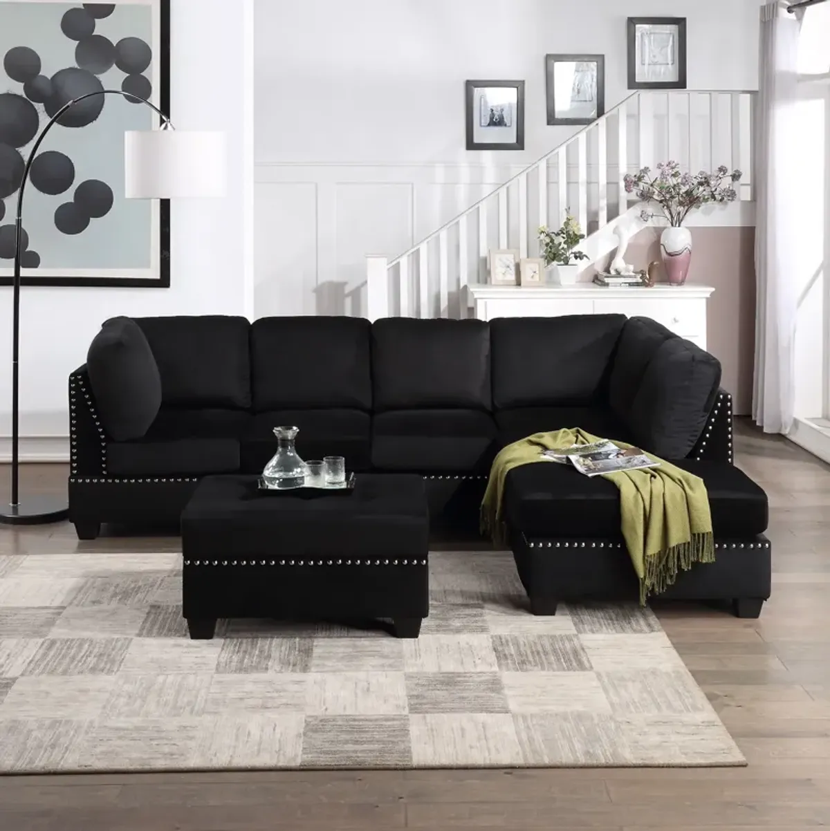 Reversible Sectional Sofa Space Saving With Storage Ottoman Rivet Ornament L-Shape Couch For Small Or Large Space Dorm Apartment