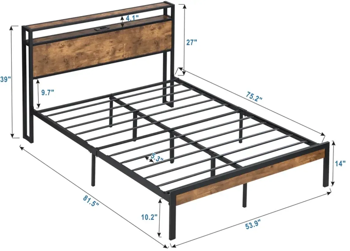 Metal Platform Bed Frame With Wooden Headboard And Footboard With USB Liner, No Box Spring Needed, Under Bed Storage