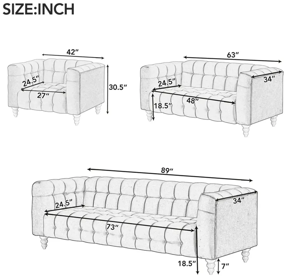 Modern 3 Piece Sofa Set With Solid Wood Legs, Buttoned Tufted Backrest, Dutch Fleece Upholstered Sofa Set Including Three Seater Sofa, Double Seat And Living Room Furniture Set Single Chair