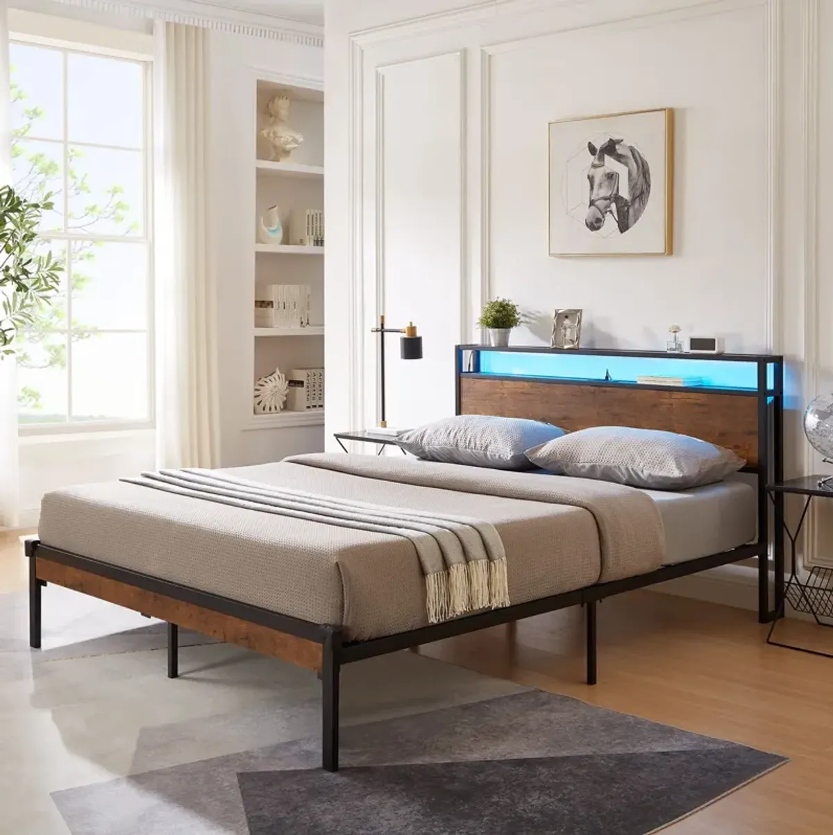 Metal Platform Bed Frame With Wooden Headboard And Footboard With USB Liner, LED Lights, No Box Spring Needed, Large Under Bed Storage