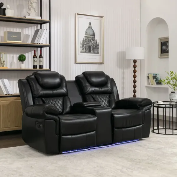 Home Theater Seating Manual Recliner Loveseat With Hide-Away Storage, Cup Holders And Led Light Strip For Living Room