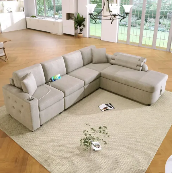 L-Shaped Couch Sectional Sofa With Storage Chaise, Cup Holder And USB Ports For Living Room