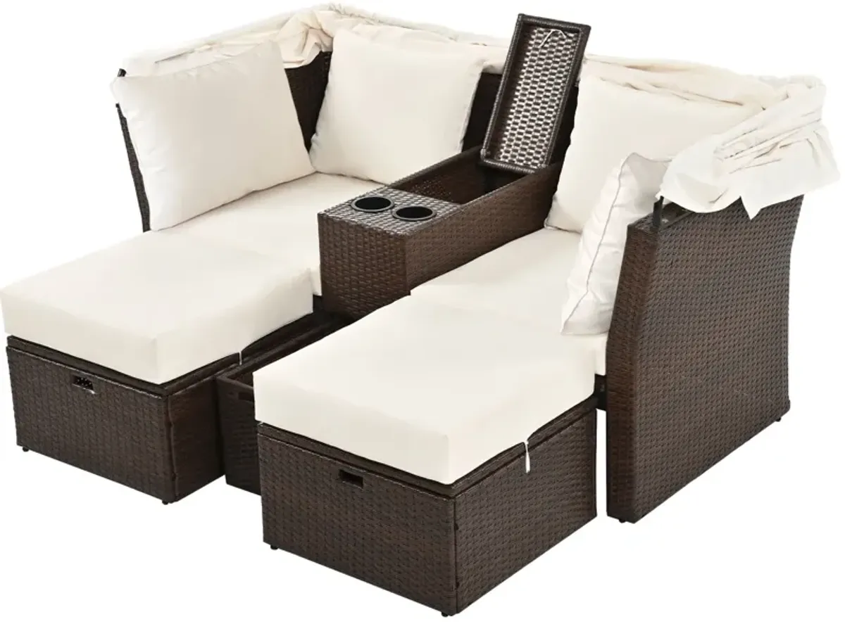 2 Seater Outdoor Patio Daybed Outdoor Double Daybed Outdoor Loveseat Sofa Set With Foldable Awning And Cushions For Garden, Balcony, Poolside