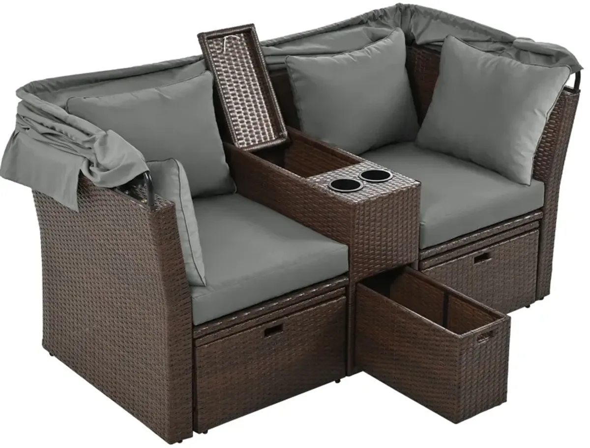 2 Seater Outdoor Patio Daybed Outdoor Double Daybed Outdoor Loveseat Sofa Set With Foldable Awning And Cushions For Garden, Balcony, Poolside