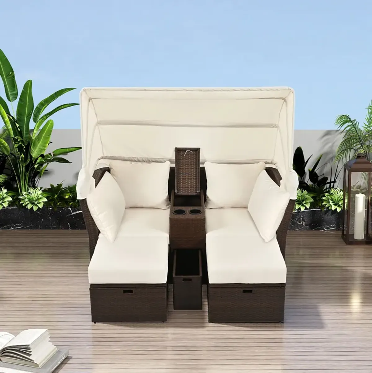 2 Seater Outdoor Patio Daybed Outdoor Double Daybed Outdoor Loveseat Sofa Set With Foldable Awning And Cushions For Garden, Balcony, Poolside