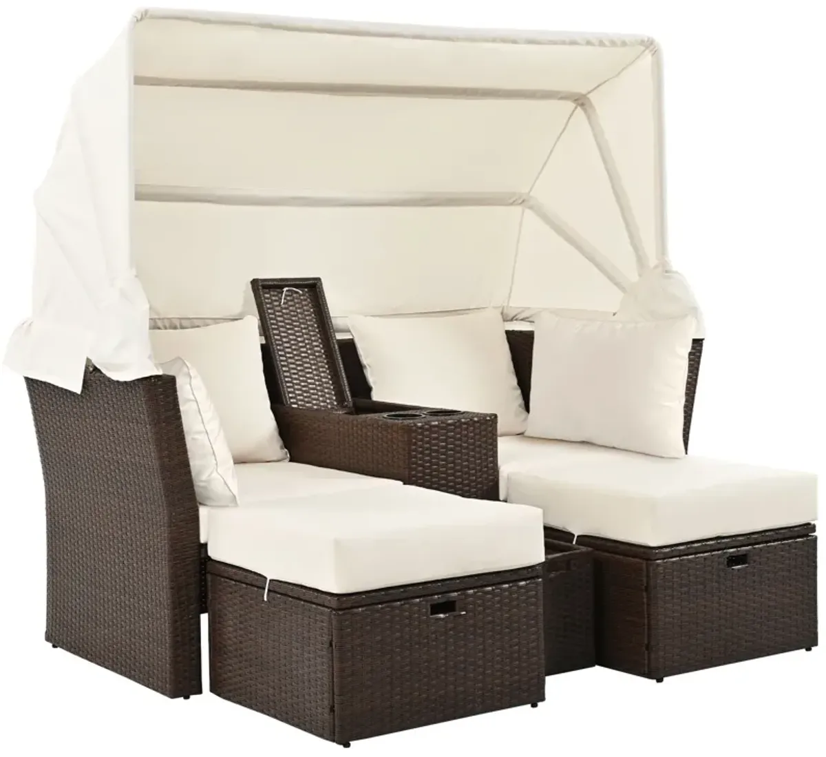 2 Seater Outdoor Patio Daybed Outdoor Double Daybed Outdoor Loveseat Sofa Set With Foldable Awning And Cushions For Garden, Balcony, Poolside