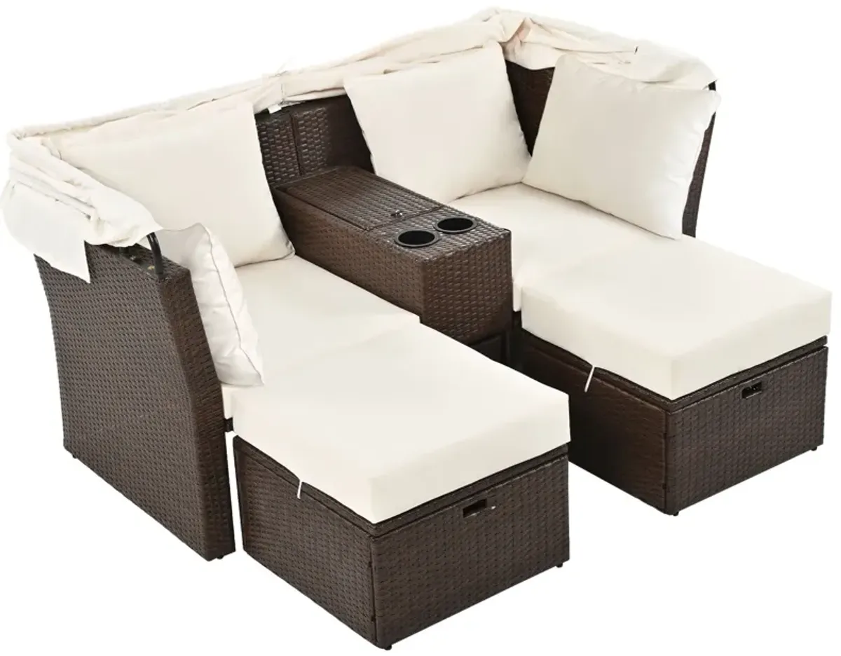 2 Seater Outdoor Patio Daybed Outdoor Double Daybed Outdoor Loveseat Sofa Set With Foldable Awning And Cushions For Garden, Balcony, Poolside