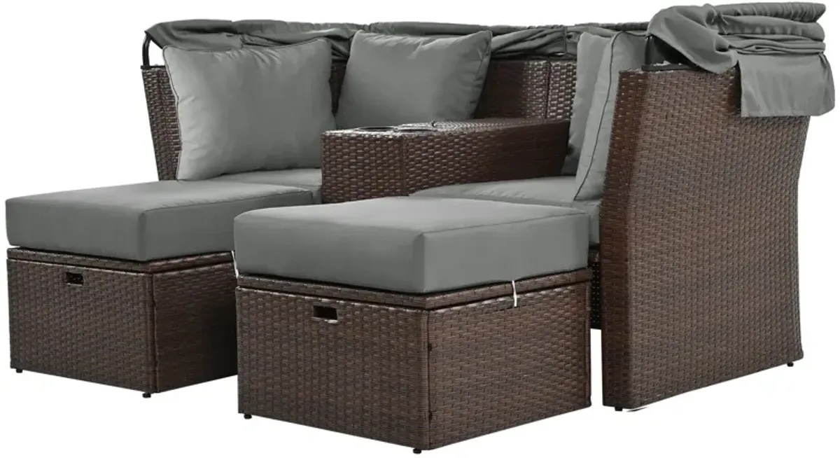 2 Seater Outdoor Patio Daybed Outdoor Double Daybed Outdoor Loveseat Sofa Set With Foldable Awning And Cushions For Garden, Balcony, Poolside