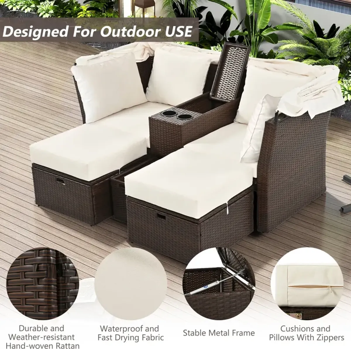 2 Seater Outdoor Patio Daybed Outdoor Double Daybed Outdoor Loveseat Sofa Set With Foldable Awning And Cushions For Garden, Balcony, Poolside