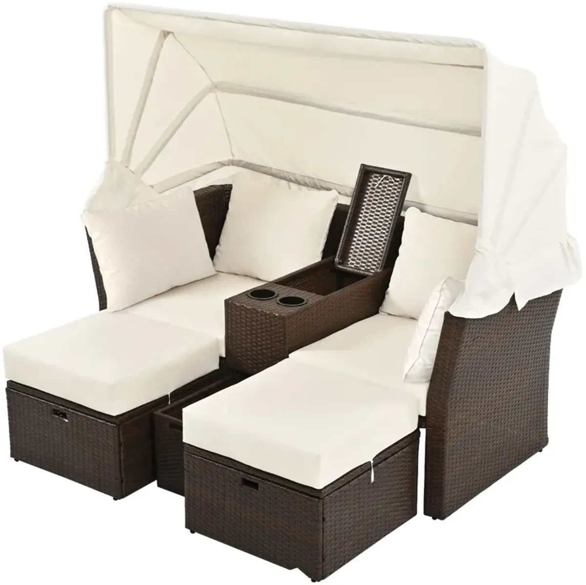 2 Seater Outdoor Patio Daybed Outdoor Double Daybed Outdoor Loveseat Sofa Set With Foldable Awning And Cushions For Garden, Balcony, Poolside