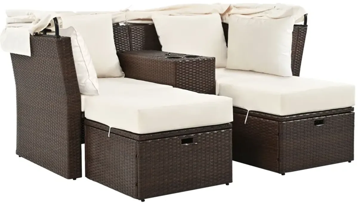 2 Seater Outdoor Patio Daybed Outdoor Double Daybed Outdoor Loveseat Sofa Set With Foldable Awning And Cushions For Garden, Balcony, Poolside